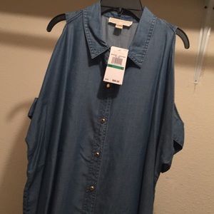 MICHAEL KORS Denim Cold Shoulder Blouse SZ L BNWT